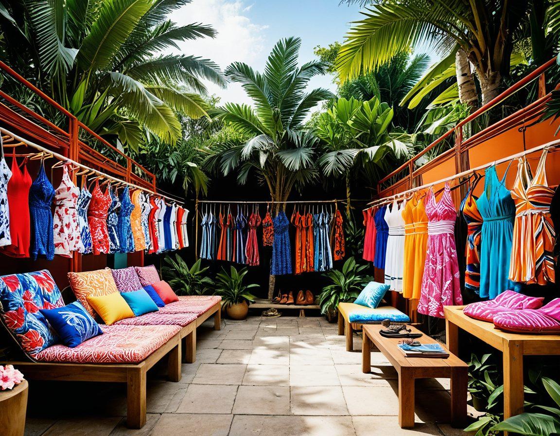 A vibrant marketplace scene showcasing colorful swimwear and stylish fashion items displayed in an inviting manner, featuring Paraguayan cultural elements like traditional textiles. Bright natural lighting, with happy shoppers browsing, and tropical plants in the background convey a lively atmosphere. Include visual hints of online shopping through a laptop or phone with swimwear images on screen. super-realistic. vibrant colors. tropical theme.