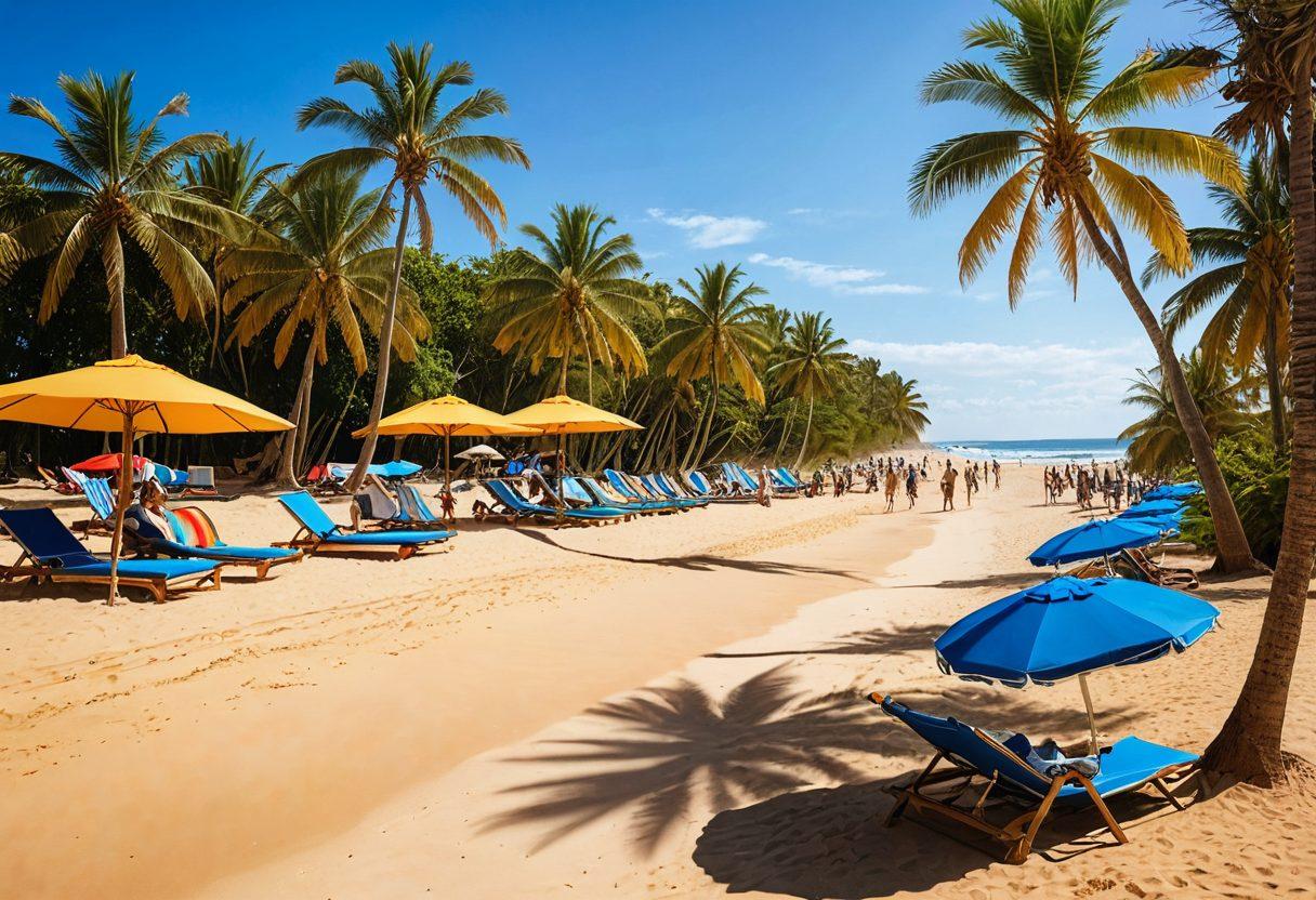 A sunny Paraguayan beach scene filled with diverse individuals wearing trendy bikinis and colorful beachwear, surrounded by palm trees and golden sand. Include vibrant beach umbrellas, a refreshing ocean visible in the background, and joyful beachgoers engaging in fun activities like playing beach volleyball and surfing. Emphasize the lively atmosphere and summer vibes. super-realistic. vibrant colors. tropical theme.